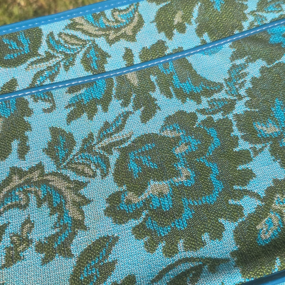 Vintage Tapestry Suitcase Turquoise Green Floral Damask Mid Century Travel Bag - Picture 8 of 8
